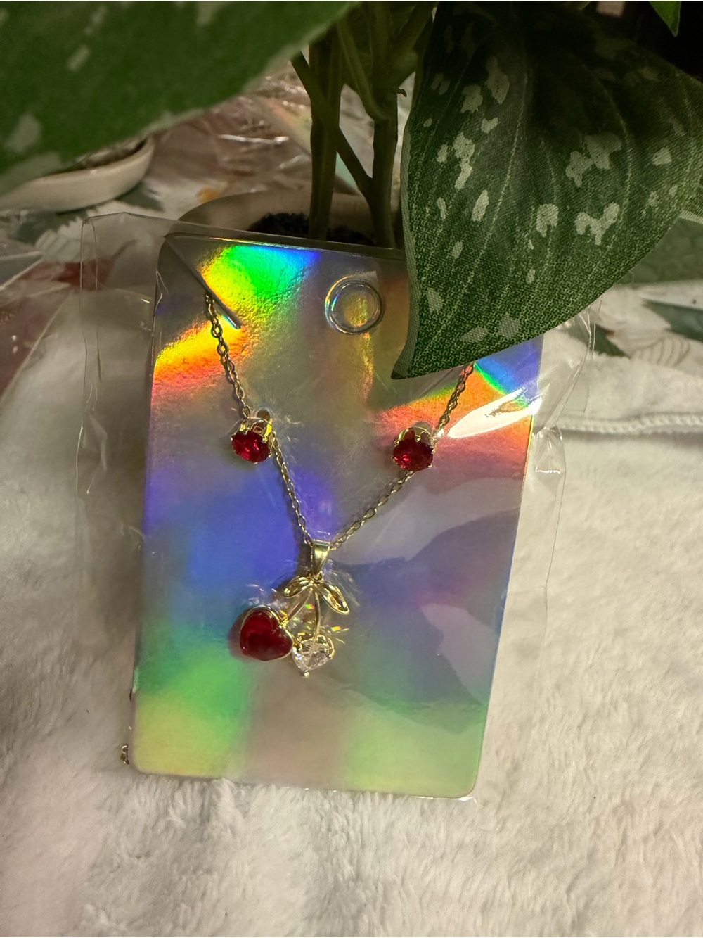 Gold Cherry Pendant Necklace and Stud Earrings Set in Red